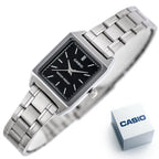 Casio LTP-V007D-1E női karóra, fekete számlap, acél szíj, téglalap tok