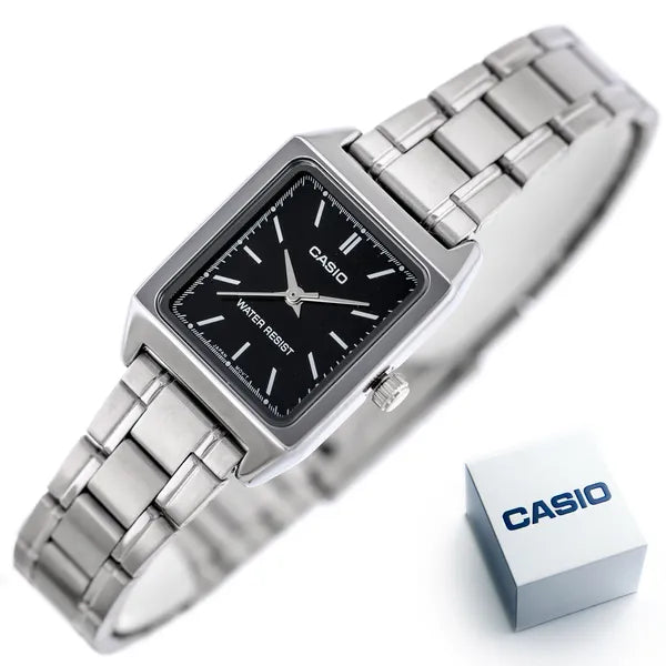 Casio LTP-V007D-1E női karóra, fekete számlap, acél szíj, téglalap tok