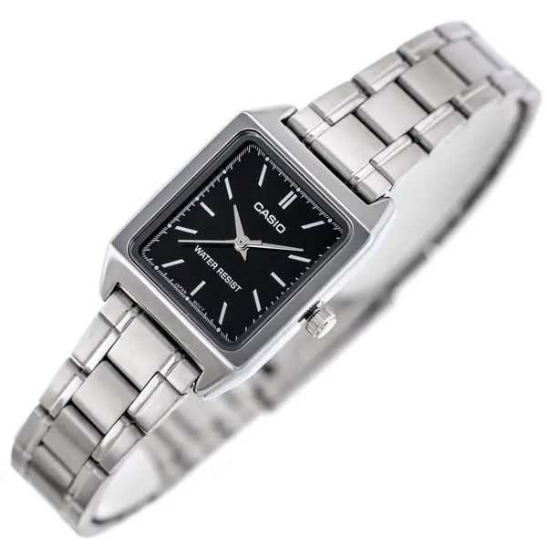 Casio LTP-V007D-1E női karóra, fekete számlap, acél szíj, téglalap tok