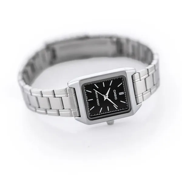 Casio LTP-V007D-1E női karóra, fekete számlap, acél szíj, téglalap tok