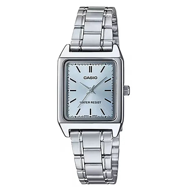 Casio LTP-V007D-2E női karóra, kék számlap, acél szíj, WR50, téglalap, doboz