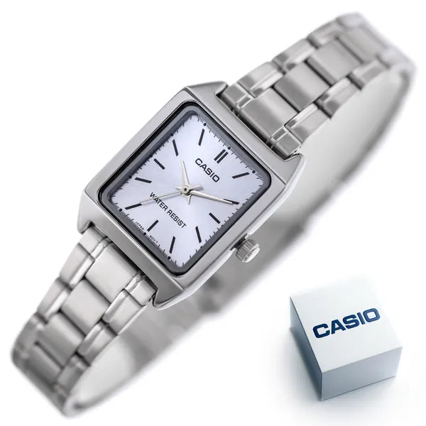 Casio LTP-V007D-2E női karóra, kék számlap, acél szíj, WR50, téglalap, doboz