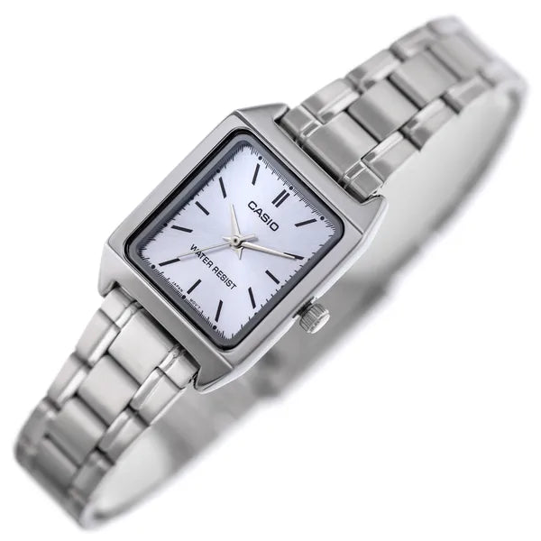 Casio LTP-V007D-2E női karóra, kék számlap, acél szíj, WR50, téglalap, doboz