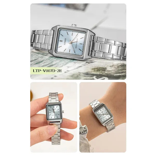 Casio LTP-V007D-2E női karóra, kék számlap, acél szíj, WR50, téglalap, doboz