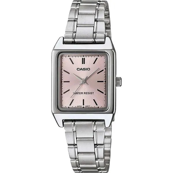 Casio LTP‑V007D‑4E női karóra, rózsaszín számlap, acél szíj, téglalap, WR50