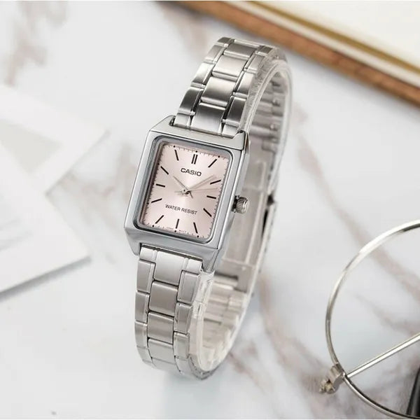 Casio LTP‑V007D‑4E női karóra, rózsaszín számlap, acél szíj, téglalap, WR50