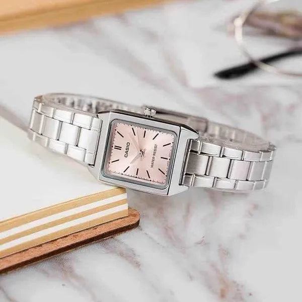 Casio LTP‑V007D‑4E női karóra, rózsaszín számlap, acél szíj, téglalap, WR50