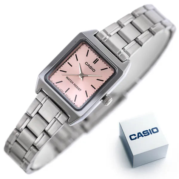 Casio LTP‑V007D‑4E női karóra, rózsaszín számlap, acél szíj, téglalap, WR50