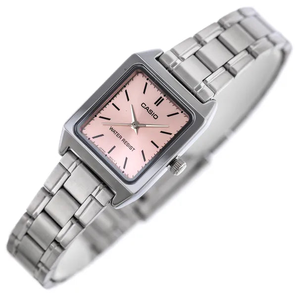 Casio LTP‑V007D‑4E női karóra, rózsaszín számlap, acél szíj, téglalap, WR50