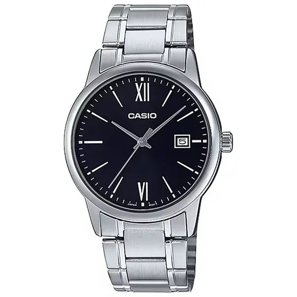 Casio MTP-V002D-1B3 férfi karóra, fekete számlap, acél szíj, kvarc, WR30, 44 mm