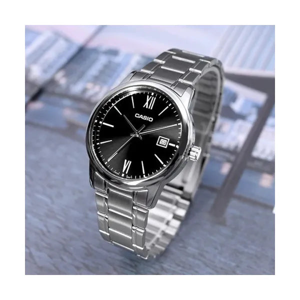 Casio MTP-V002D-1B3 férfi karóra, fekete számlap, acél szíj, kvarc, WR30, 44 mm