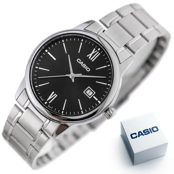 Casio MTP-V002D-1B3 férfi karóra, fekete számlap, acél szíj, kvarc, WR30, 44 mm
