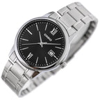 Casio MTP-V002D-1B3 férfi karóra, fekete számlap, acél szíj, kvarc, WR30, 44 mm