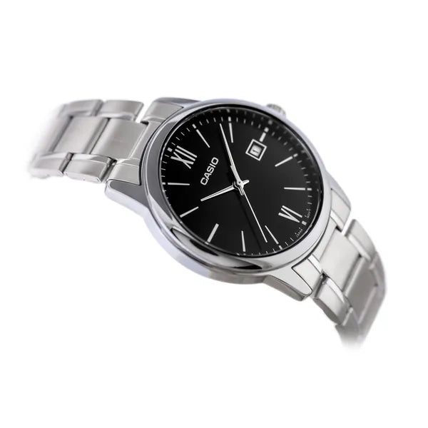Casio MTP-V002D-1B3 férfi karóra, fekete számlap, acél szíj, kvarc, WR30, 44 mm