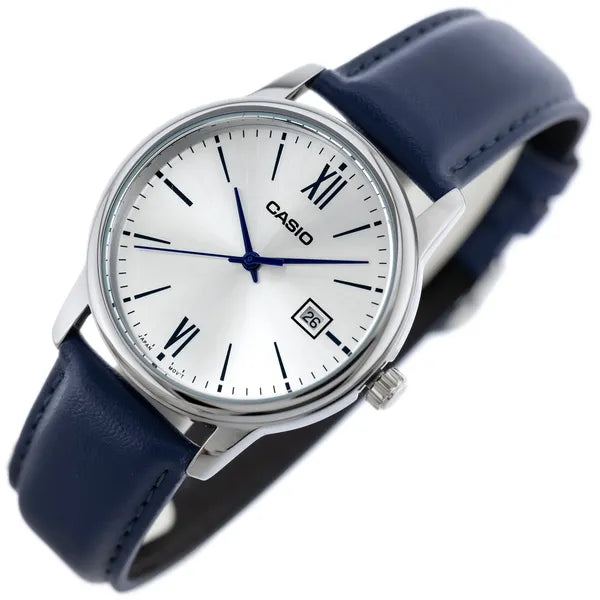 Casio MTP-V002L-2B3 férfi karóra, 37 mm, ezüst számlap, kék bőr, WR30