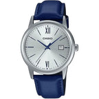 Casio MTP-V002L-2B3 férfi karóra, 37 mm, ezüst számlap, kék bőr, WR30