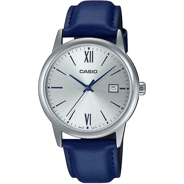 Casio MTP-V002L-2B3 férfi karóra, 37 mm, ezüst számlap, kék bőr, WR30