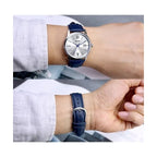 Casio MTP-V002L-2B3 férfi karóra, 37 mm, ezüst számlap, kék bőr, WR30