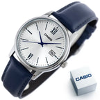 Casio MTP-V002L-2B3 férfi karóra, 37 mm, ezüst számlap, kék bőr, WR30