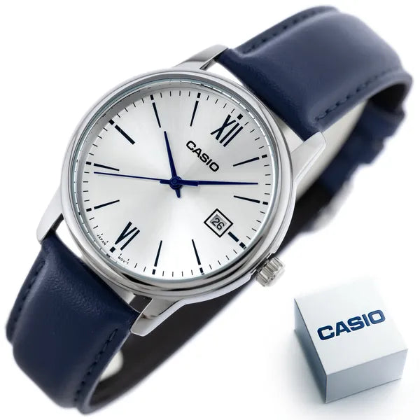 Casio MTP-V002L-2B3 férfi karóra, 37 mm, ezüst számlap, kék bőr, WR30