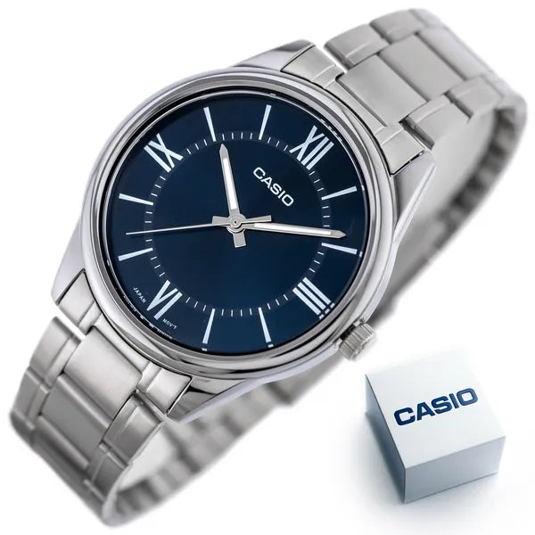 Casio MTP-V005D-2B5 férfi karóra, kék számlap, acél szíj, 40 mm, WR30 + doboz