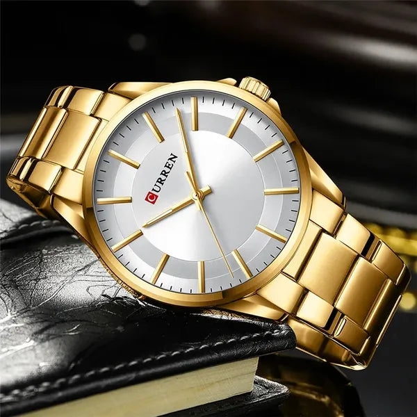 Curren 8429 férfi kvarc karóra, 44 mm, arany fémszíj, ezüst számlap, WR30