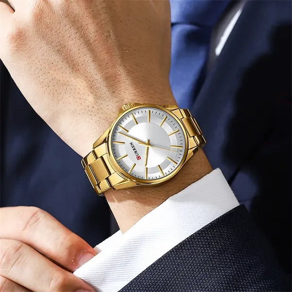 Curren 8429 férfi kvarc karóra, 44 mm, arany fémszíj, ezüst számlap, WR30