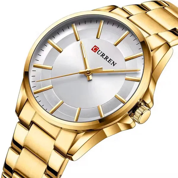 Curren 8429 férfi kvarc karóra, 44 mm, arany fémszíj, ezüst számlap, WR30