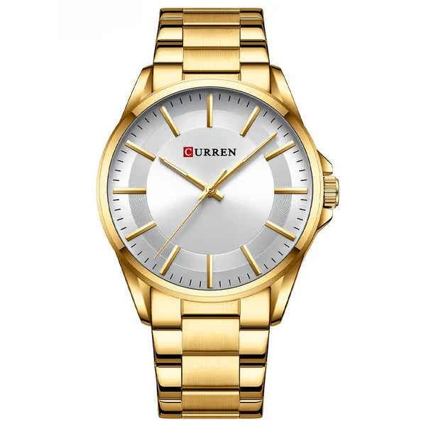 Curren 8429 férfi kvarc karóra, 44 mm, arany fémszíj, ezüst számlap, WR30