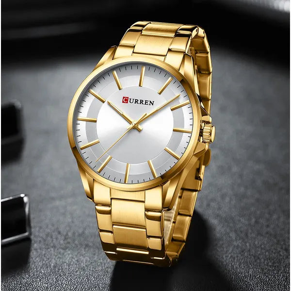 Curren 8429 férfi kvarc karóra, 44 mm, arany fémszíj, ezüst számlap, WR30