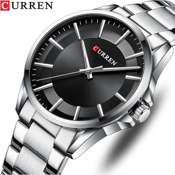 Curren 8429 férfi karóra, ezüst szíj, fekete számlap, kvarc, WR30, doboz