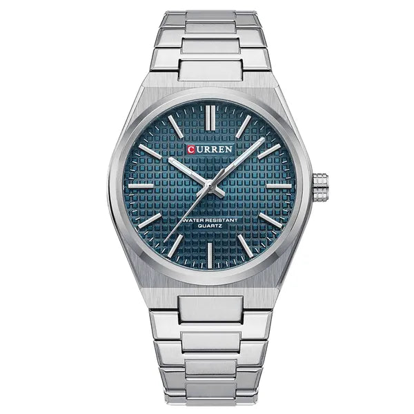 Curren 8439 férfi karóra, kék számlap, ezüst fémszíj, 40 mm, WR30, díszdoboz