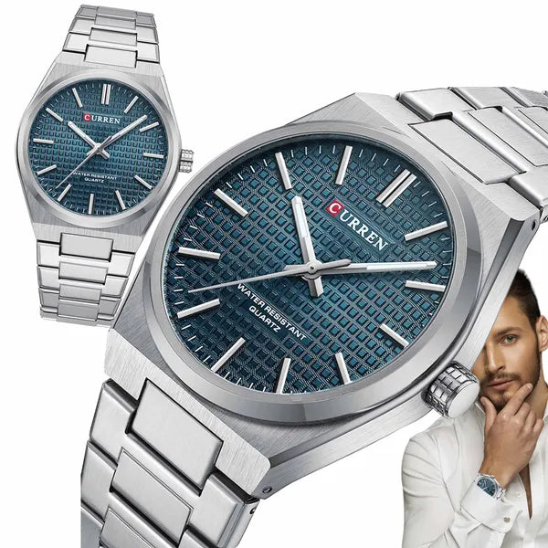 Curren 8439 férfi karóra, kék számlap, ezüst fémszíj, 40 mm, WR30, díszdoboz