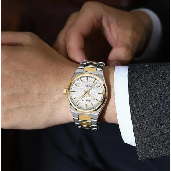 Curren 8439 férfi karóra, kvarc, 40 mm, bicolor ezüst–arany, WR30, dobozzal