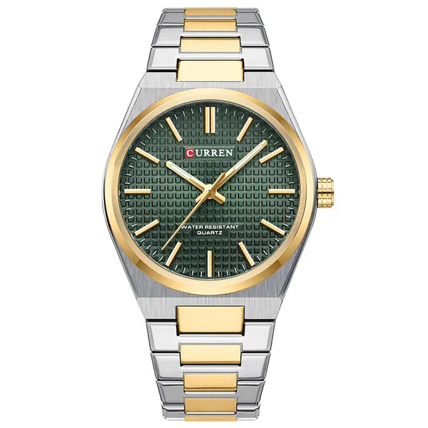 Curren 8439 férfi kvarc karóra, 40 mm, zöld számlap, ezüst/arany fémszíj, WR30
