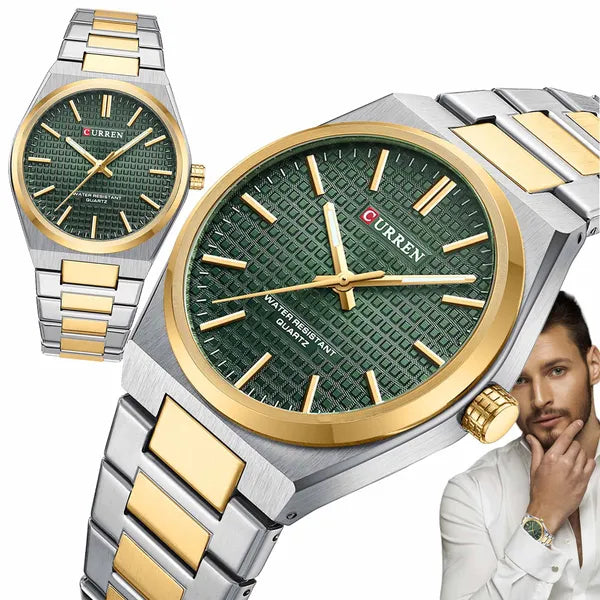 Curren 8439 férfi kvarc karóra, 40 mm, zöld számlap, ezüst/arany fémszíj, WR30