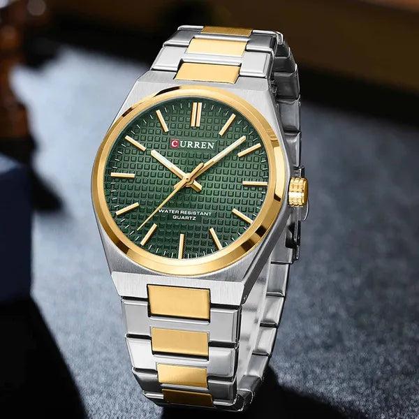 Curren 8439 férfi kvarc karóra, 40 mm, zöld számlap, ezüst/arany fémszíj, WR30