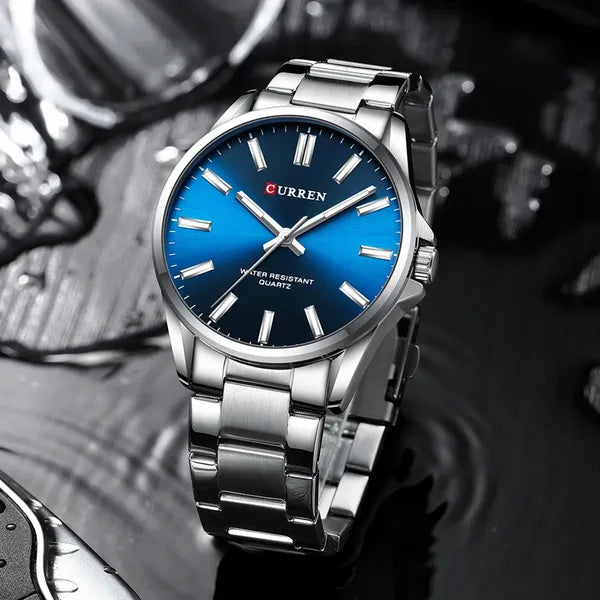 Curren 9090 férfi karóra, kvarc, 42 mm, ezüst szíj, kék számlap, WR30