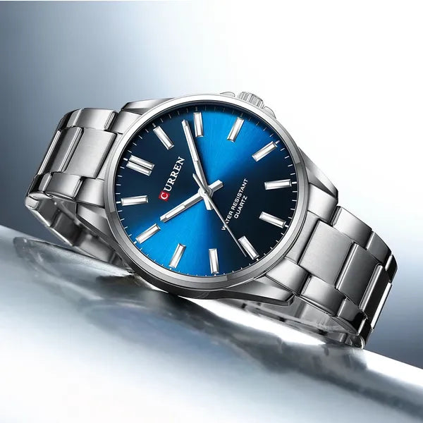 Curren 9090 férfi karóra, kvarc, 42 mm, ezüst szíj, kék számlap, WR30