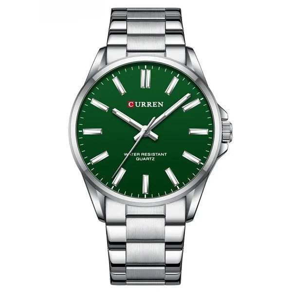 Curren 9090 férfi karóra, zöld számlap, ezüst fém szíj, kvarc, WR30