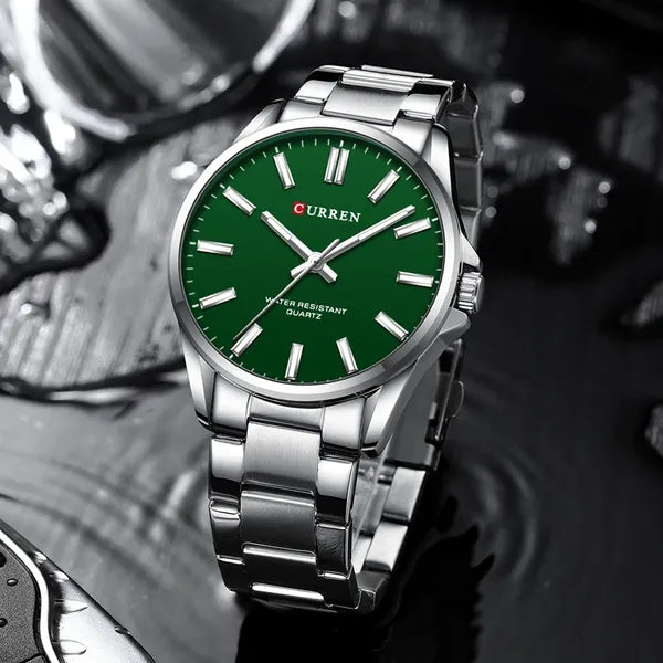 Curren 9090 férfi karóra, zöld számlap, ezüst fém szíj, kvarc, WR30