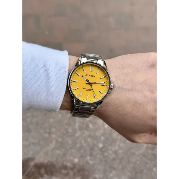 Curren férfi karóra 9090, kvarc, 42 mm, ezüst fémszíj, sárga számlap