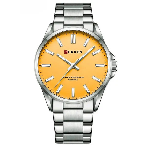 Curren férfi karóra 9090, kvarc, 42 mm, ezüst fémszíj, sárga számlap