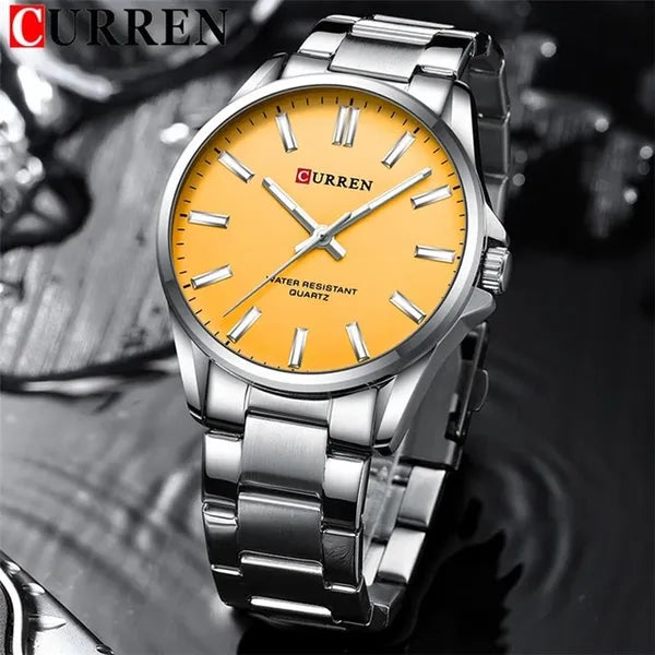 Curren férfi karóra 9090, kvarc, 42 mm, ezüst fémszíj, sárga számlap