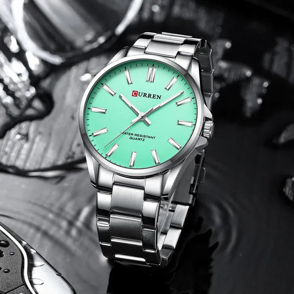 Curren 9090 férfi karóra, 42 mm, ezüst szíj, Tiffany-kék számlap, dobozzal