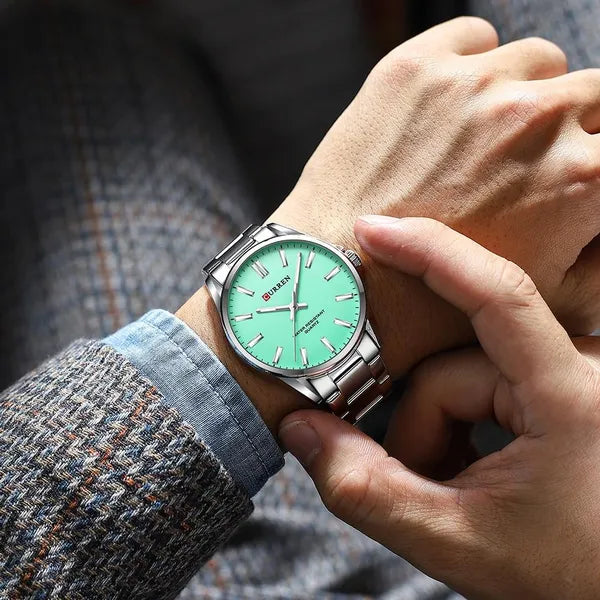 Curren 9090 férfi karóra, 42 mm, ezüst szíj, Tiffany-kék számlap, dobozzal