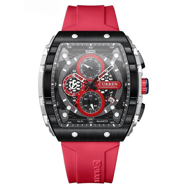Curren 8442 férfi karóra, kvarc kronográf, 47mm, fekete/piros szilikon szíj, WR30