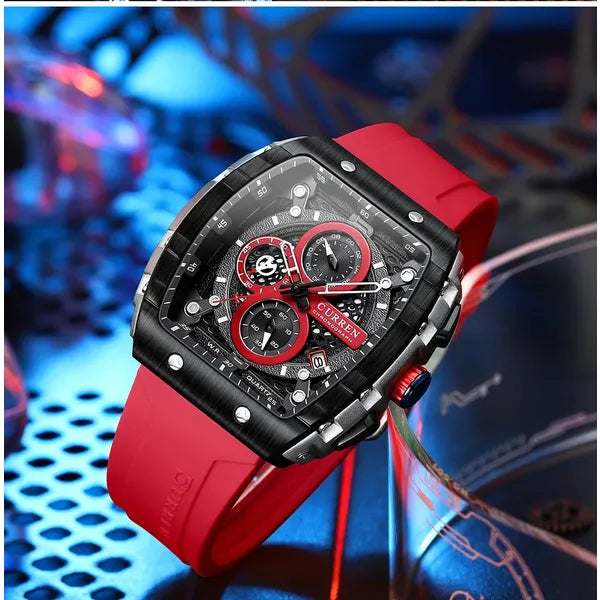 Curren 8442 férfi karóra, kvarc kronográf, 47mm, fekete/piros szilikon szíj, WR30
