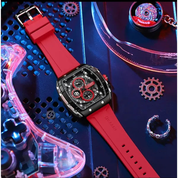 Curren 8442 férfi karóra, kvarc kronográf, 47mm, fekete/piros szilikon szíj, WR30