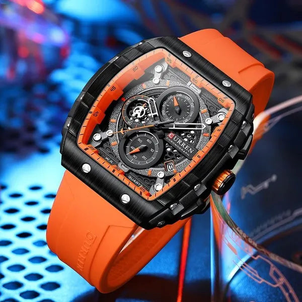 Curren 8442 férfi karóra, kronográf, kvarc, 47 mm, fekete/narancs, díszdoboz
